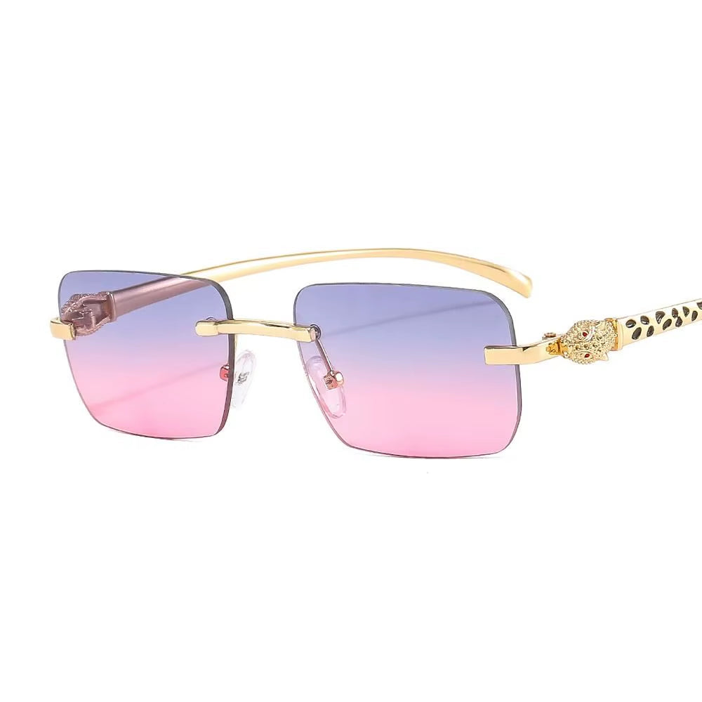 Gradient Leopard Head Decorated Sunglasses Rimless Rectangular Sun Glasses for Women Street Shooting Eyewear UV Protection