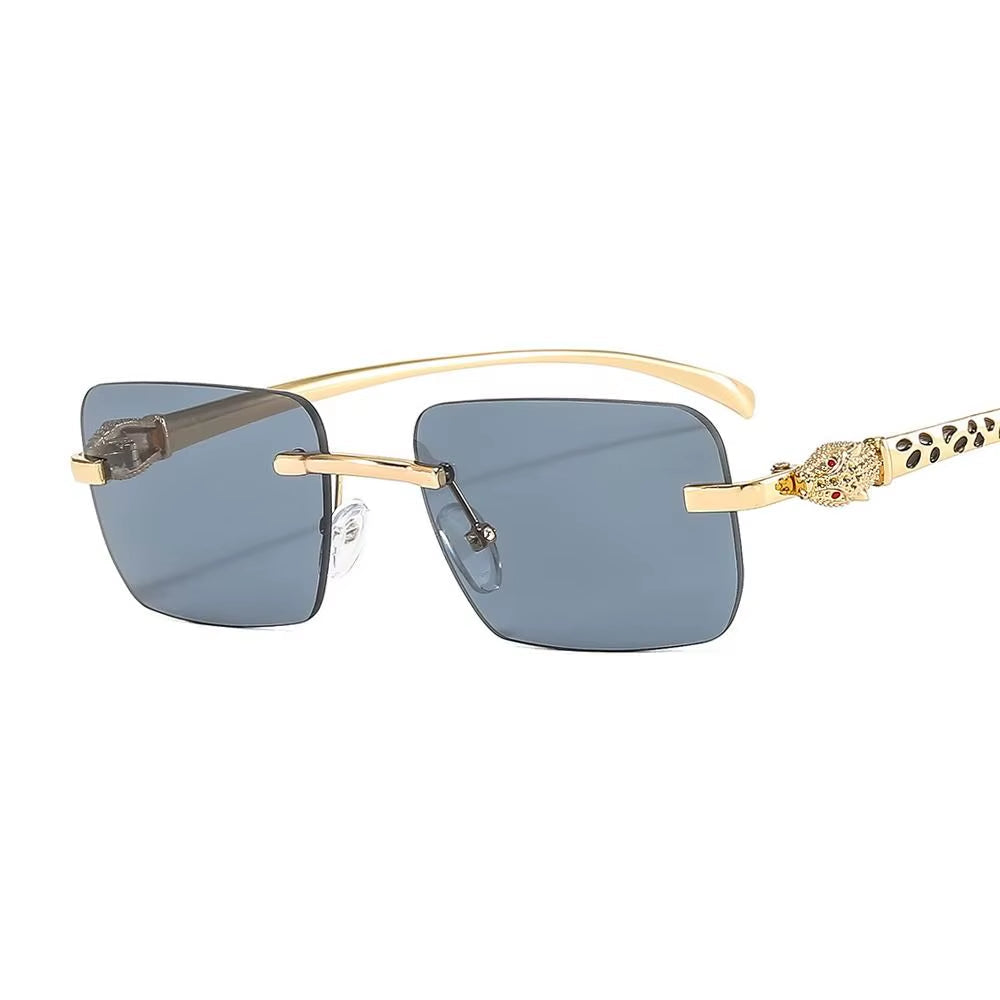 Gradient Leopard Head Decorated Sunglasses Rimless Rectangular Sun Glasses for Women Street Shooting Eyewear UV Protection