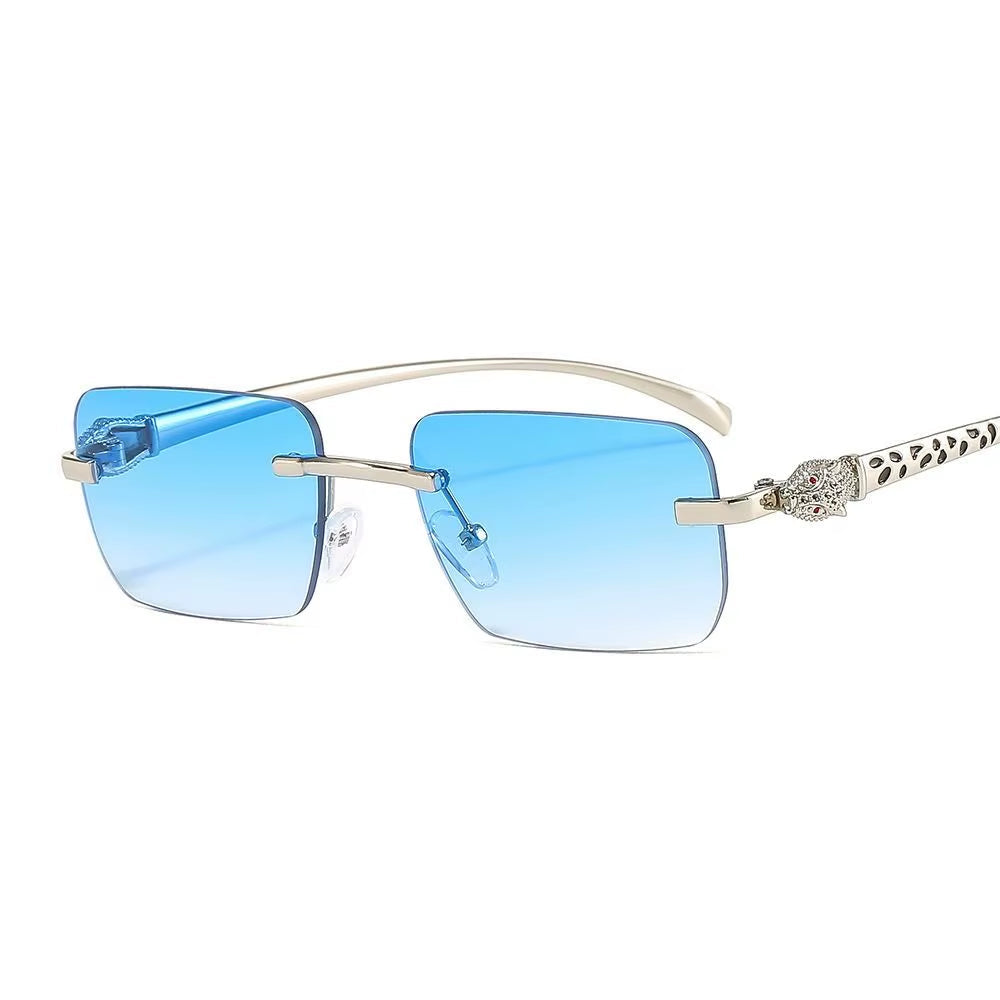 Gradient Leopard Head Decorated Sunglasses Rimless Rectangular Sun Glasses for Women Street Shooting Eyewear UV Protection