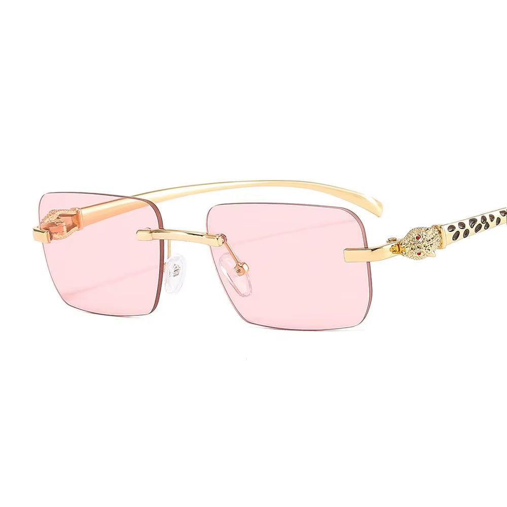 Gradient Leopard Head Decorated Sunglasses Rimless Rectangular Sun Glasses for Women Street Shooting Eyewear UV Protection