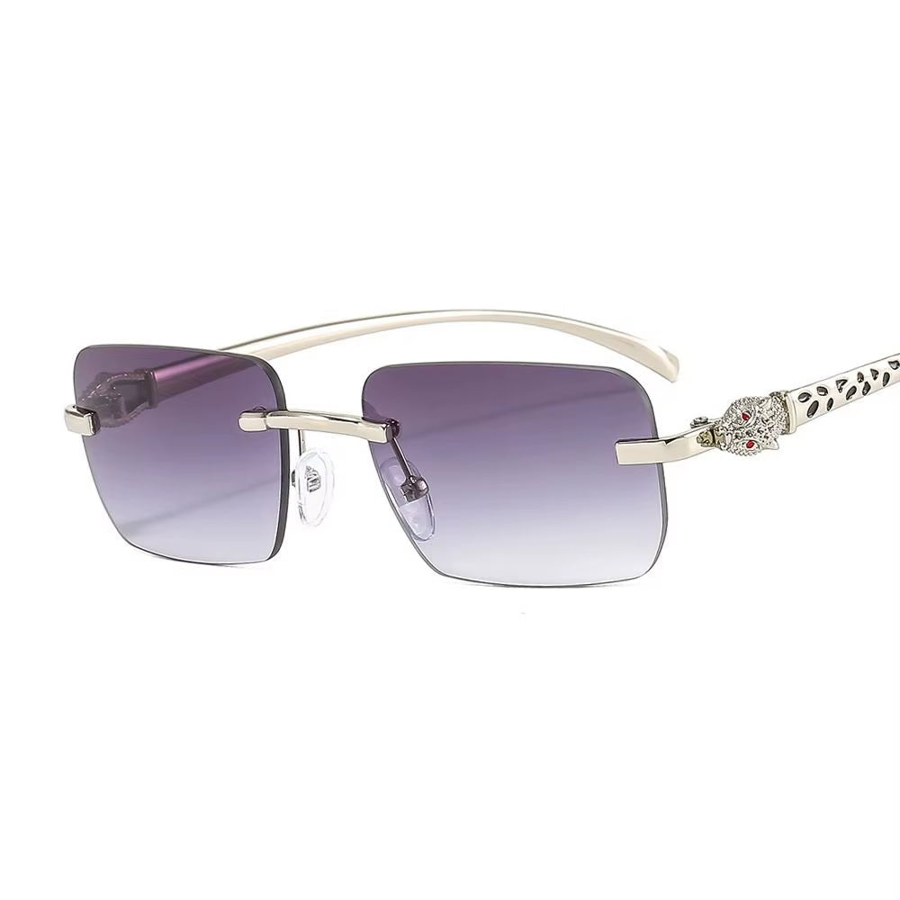 Gradient Leopard Head Decorated Sunglasses Rimless Rectangular Sun Glasses for Women Street Shooting Eyewear UV Protection