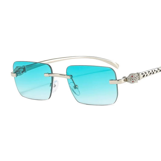 Gradient Leopard Head Decorated Sunglasses Rimless Rectangular Sun Glasses for Women Street Shooting Eyewear UV Protection