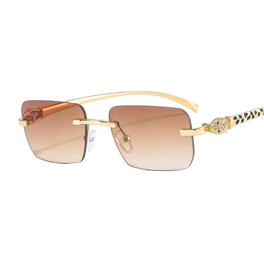 Gradient Leopard Head Decorated Sunglasses Rimless Rectangular Sun Glasses for Women Street Shooting Eyewear UV Protection